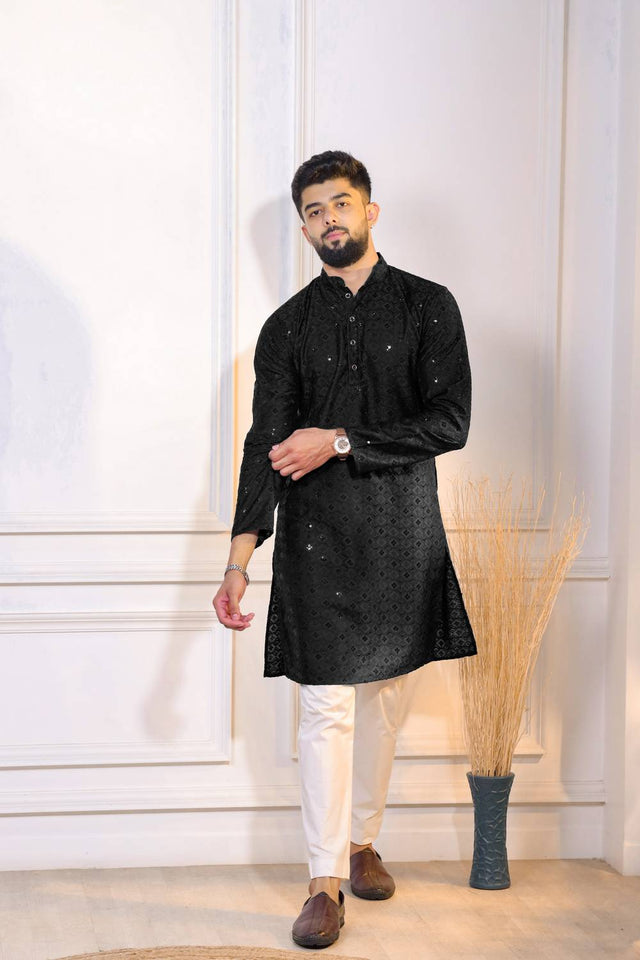 Black Sequin with Chikankari Cotton Kurta Pyjama
