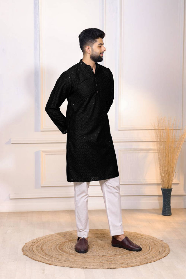 Black Sequin with Chikankari Cotton Kurta Pyjama
