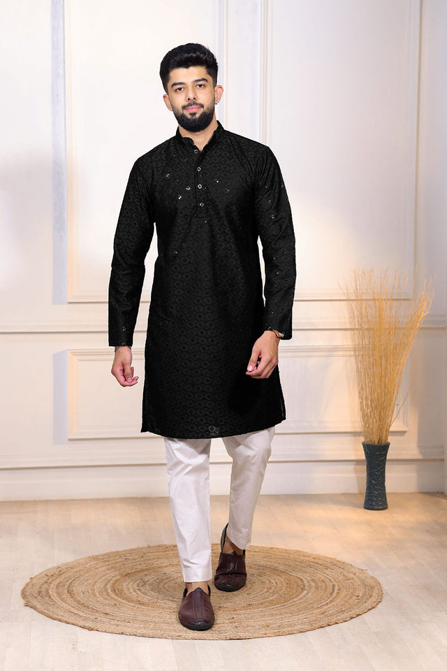 Black Sequin with Chikankari Cotton Kurta Pyjama