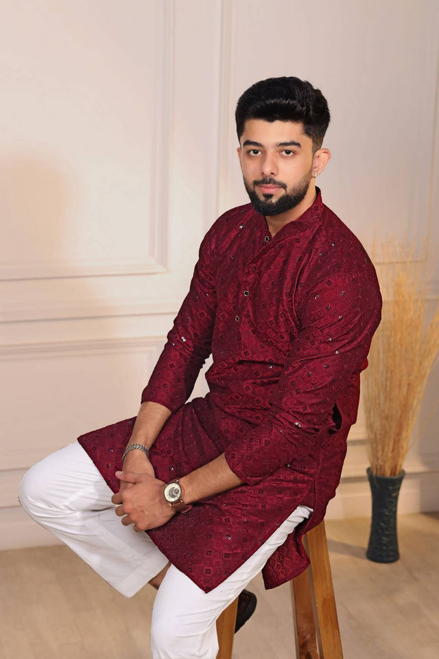 Maroon Sequin with Chikankari Cotton Kurta Pyjama
