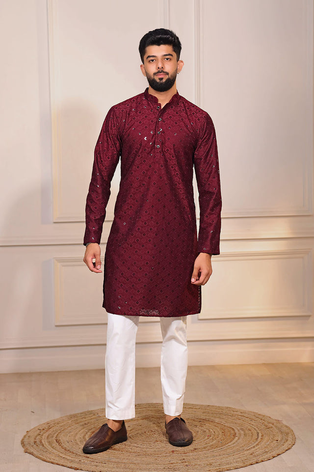 Maroon Sequin with Chikankari Cotton Kurta Pyjama