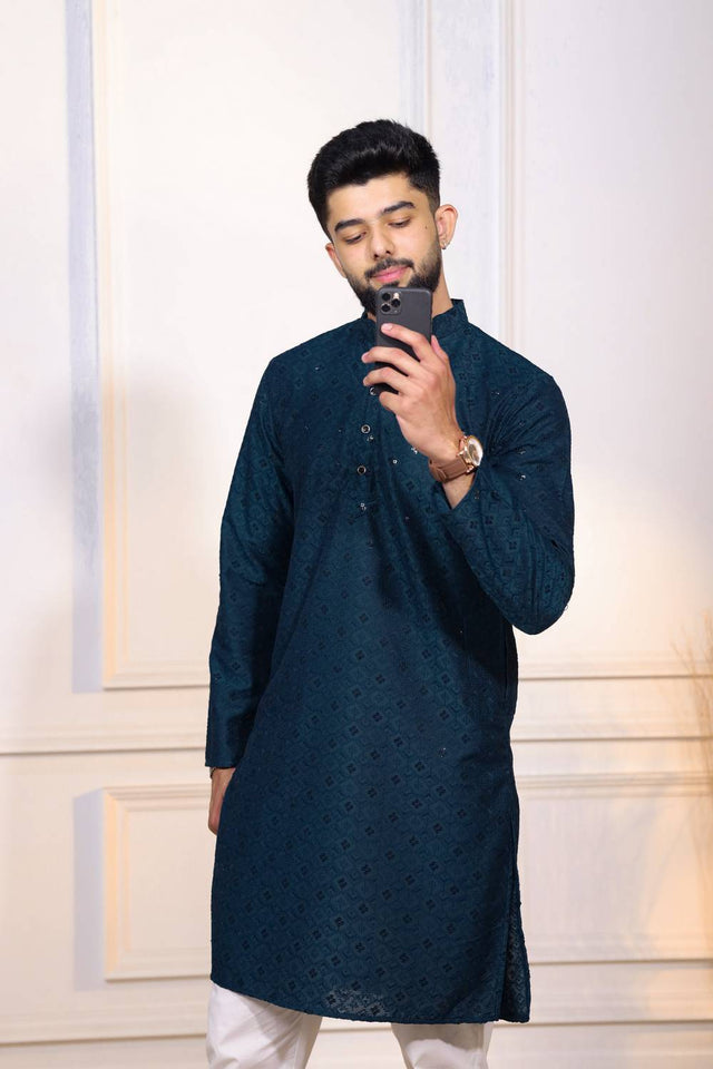 Turquoise Sequin with Chikankari Cotton Kurta Pyjama