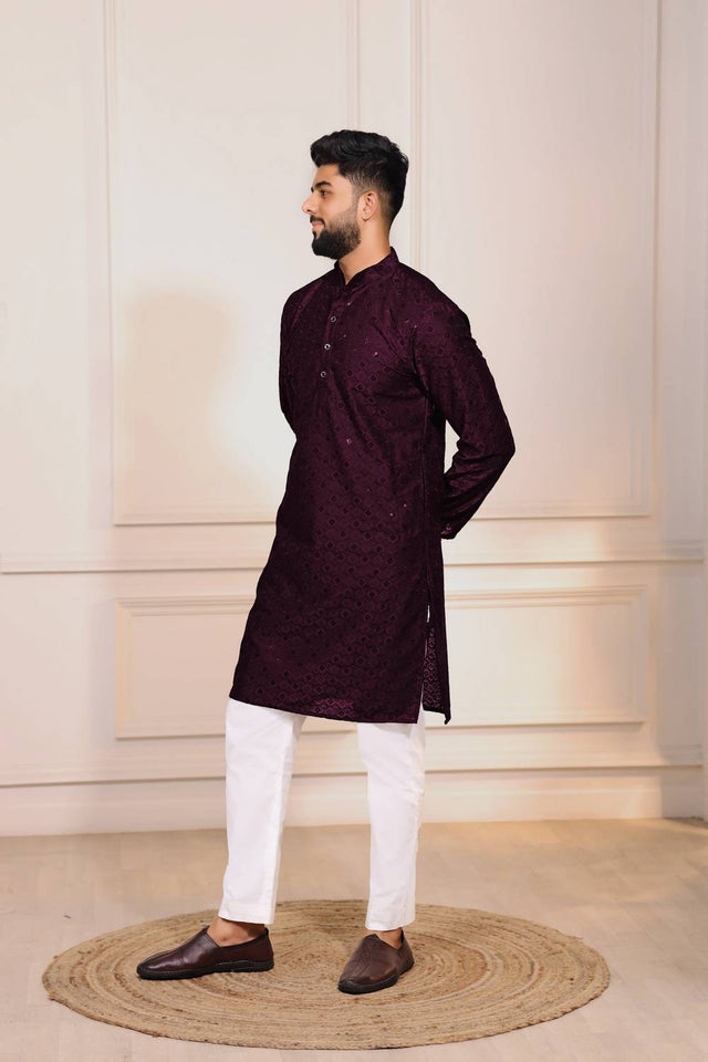 Wine Sequin with Chikankari Cotton Kurta Pyjama
