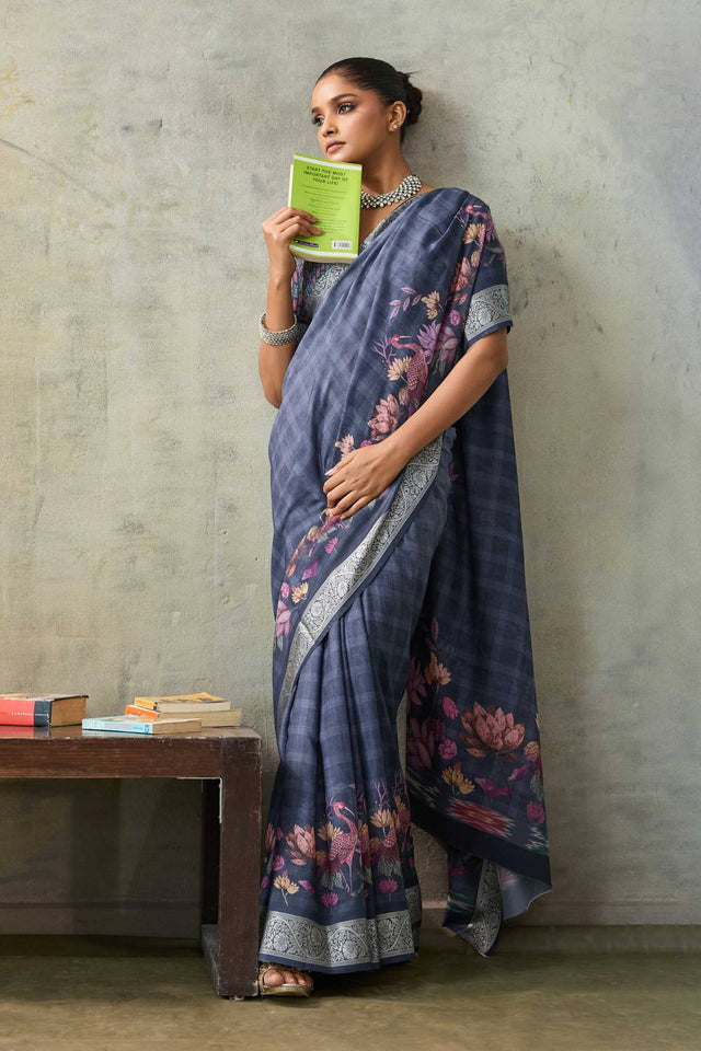 Blue Floral Printed Viscose Saree