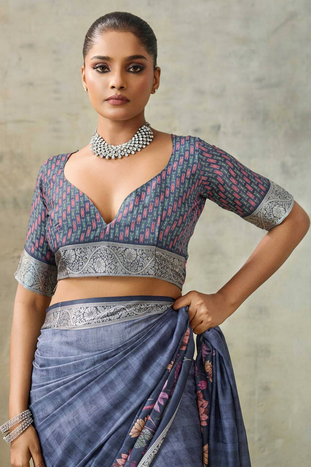 Blue Floral Printed Viscose Saree