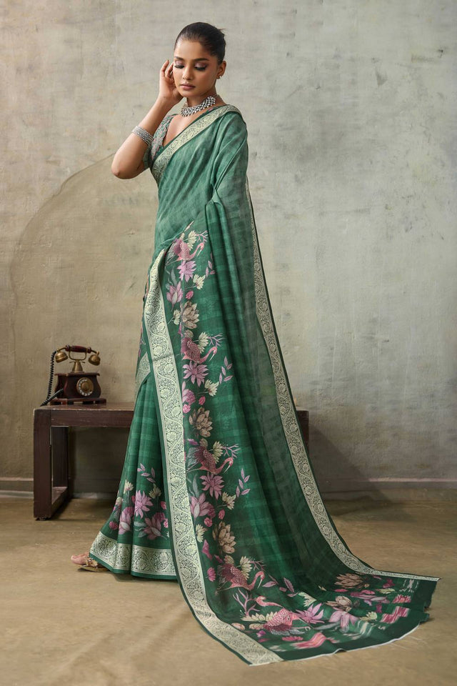 Green Floral Printed Viscose Saree