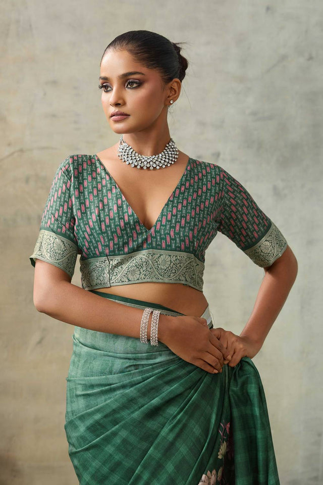 Green Floral Printed Viscose Saree