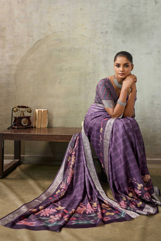 Violet Floral Printed Viscose Saree