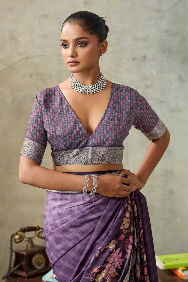 Violet Floral Printed Viscose Saree