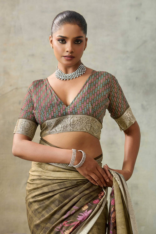 Brown Floral Printed Viscose Saree