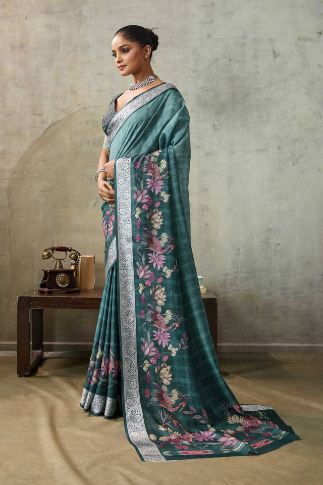 Sea Green Floral Printed Viscose Saree