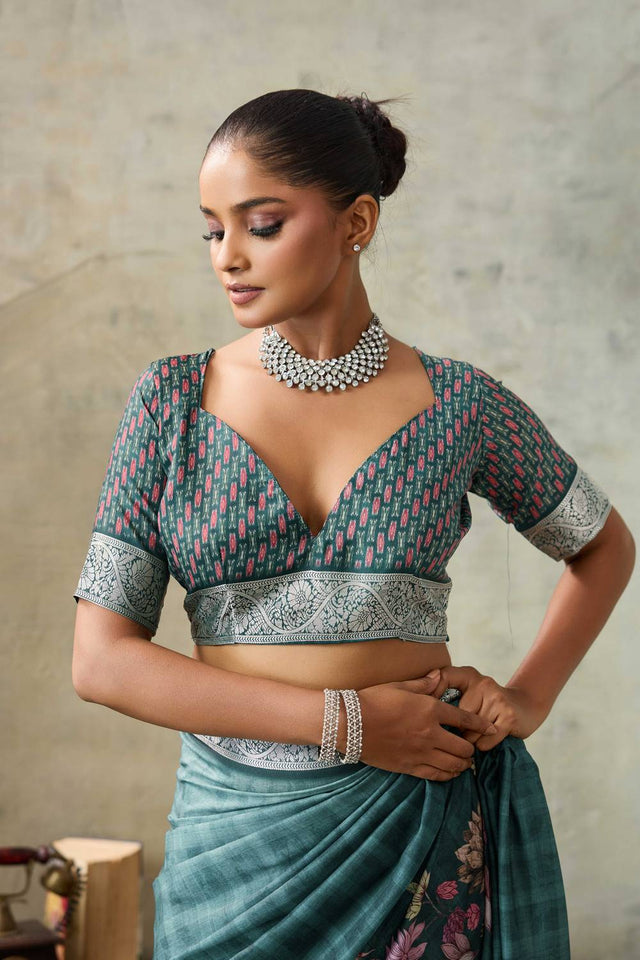 Sea Green Floral Printed Viscose Saree