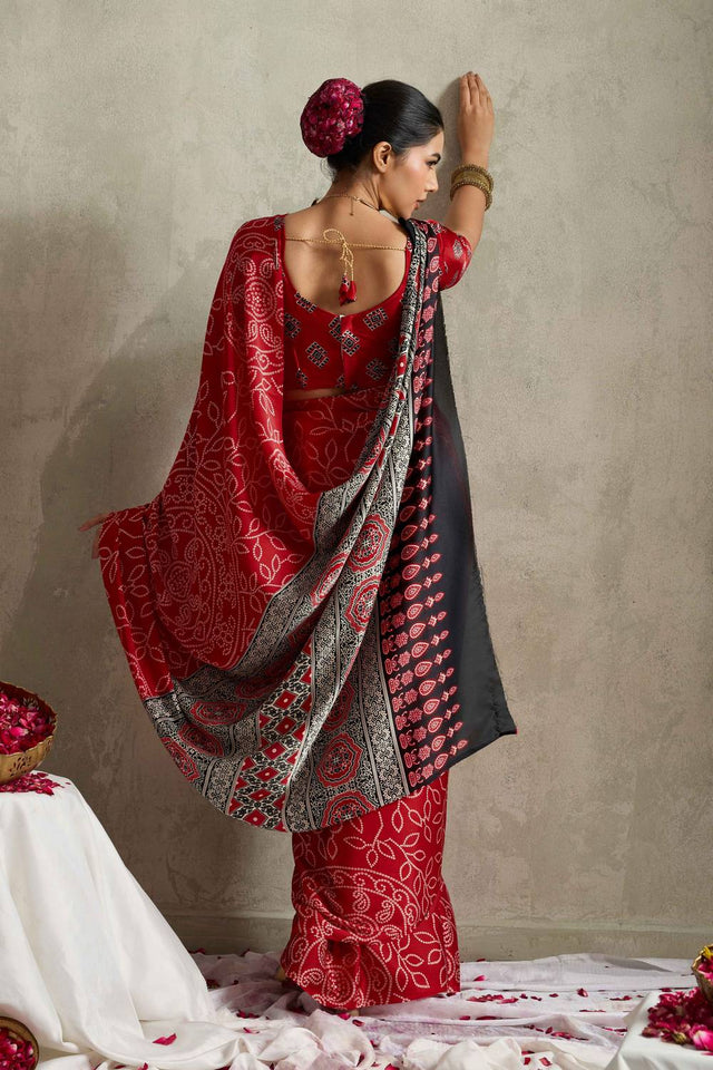 Red Bandhani Printed Satin Saree