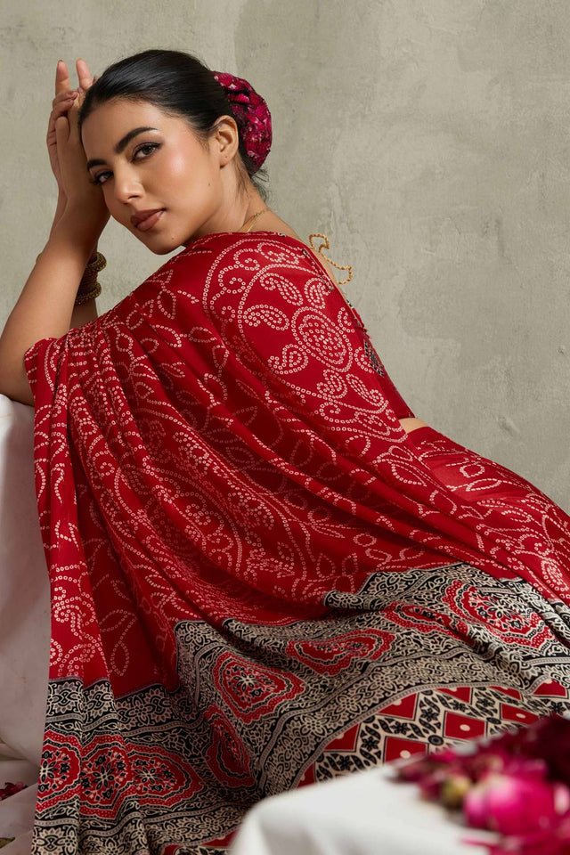 Red Bandhani Printed Satin Saree