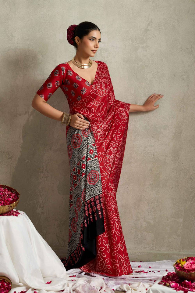 Red Bandhani Printed Satin Saree