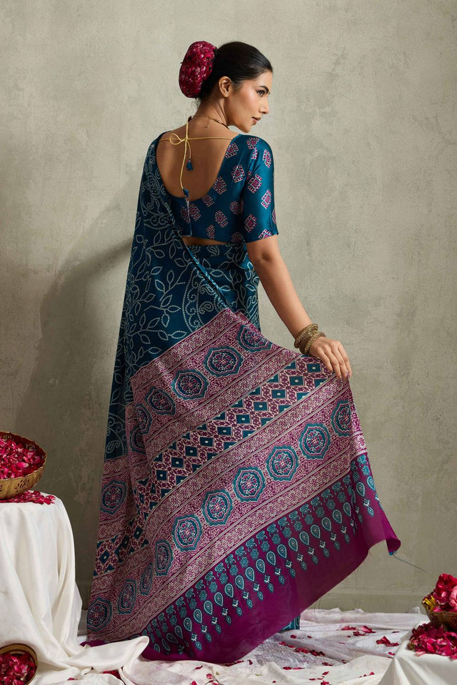 Turquoise Bandhani Printed Satin Saree