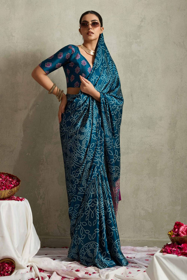 Turquoise Bandhani Printed Satin Saree