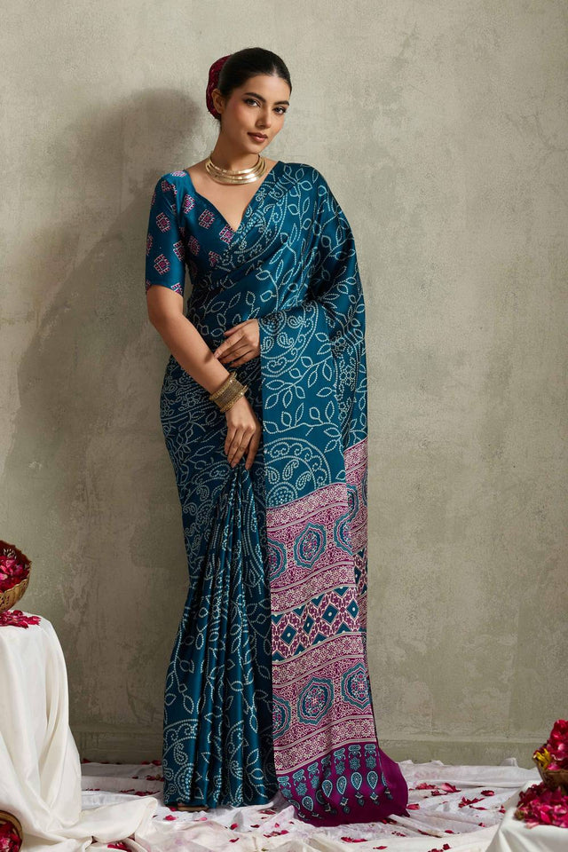 Turquoise Bandhani Printed Satin Saree
