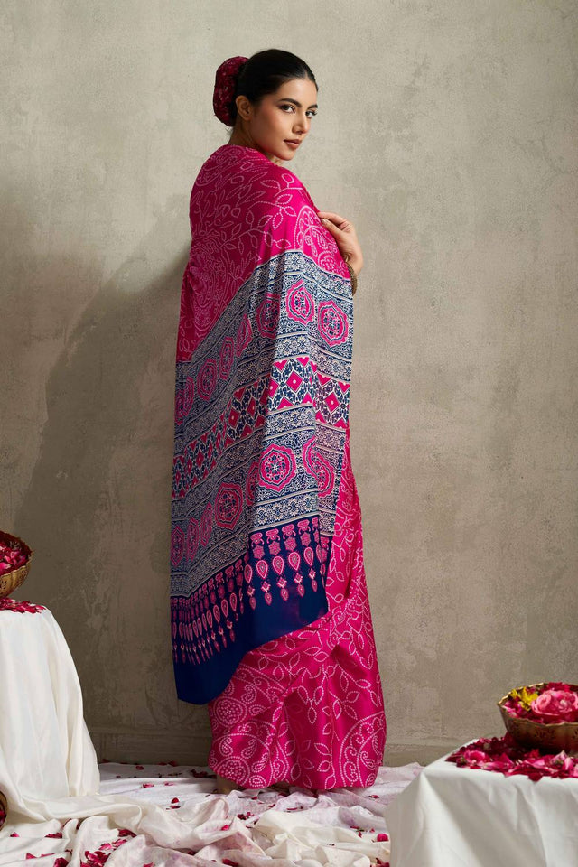 Pink Bandhani Printed Satin Saree