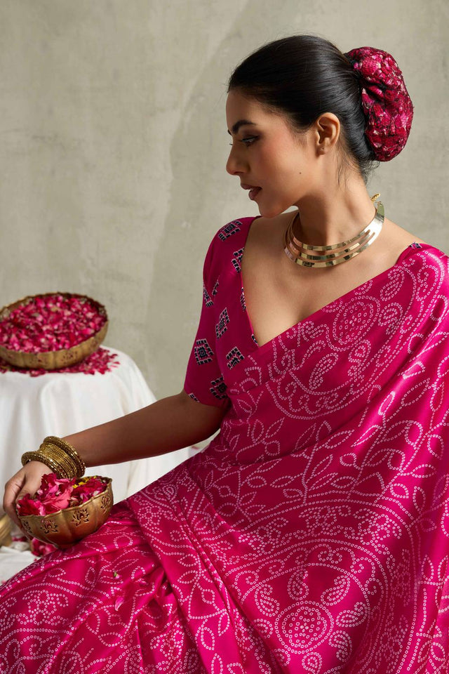 Pink Bandhani Printed Satin Saree