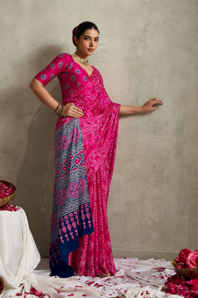Pink Bandhani Printed Satin Saree