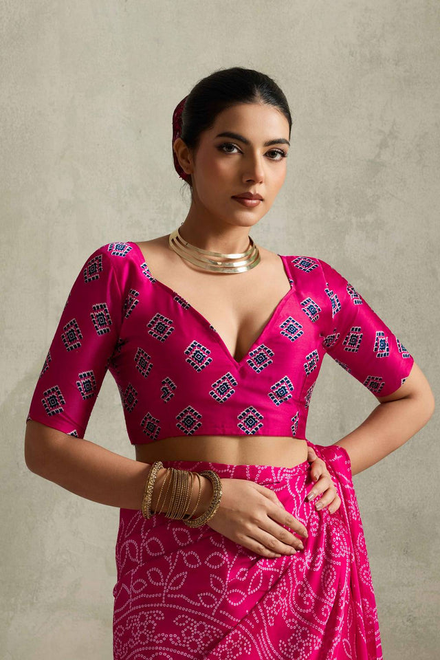 Pink Bandhani Printed Satin Saree
