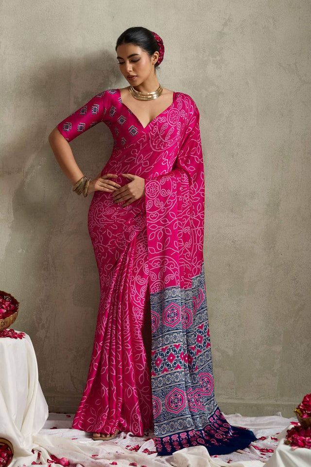 Pink Bandhani Printed Satin Saree