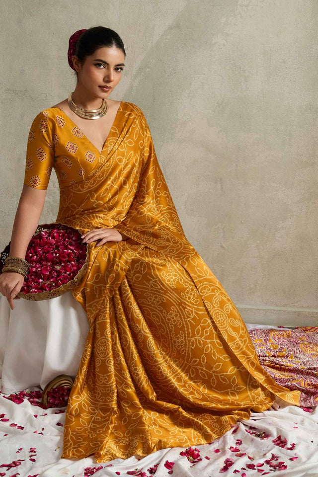 Mustard Bandhani Printed Satin Saree
