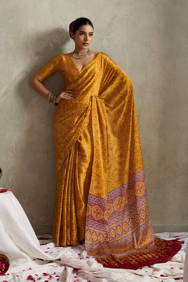 Mustard Bandhani Printed Satin Saree