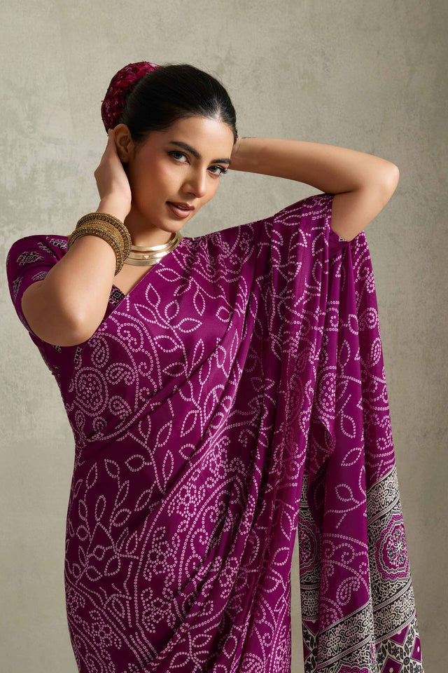 Violet Bandhani Printed Satin Saree