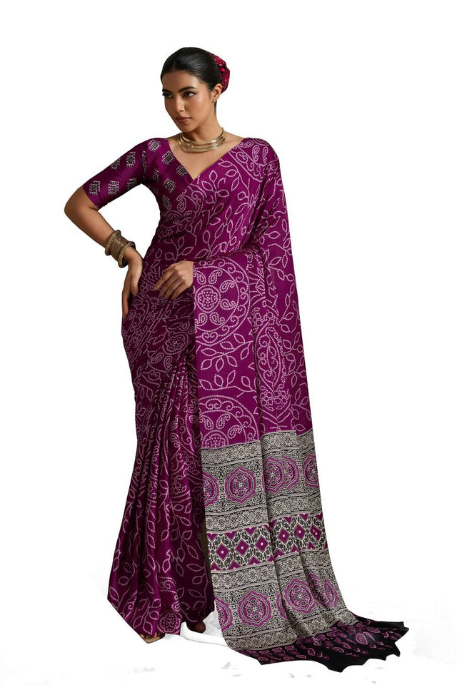 Violet Bandhani Printed Satin Saree