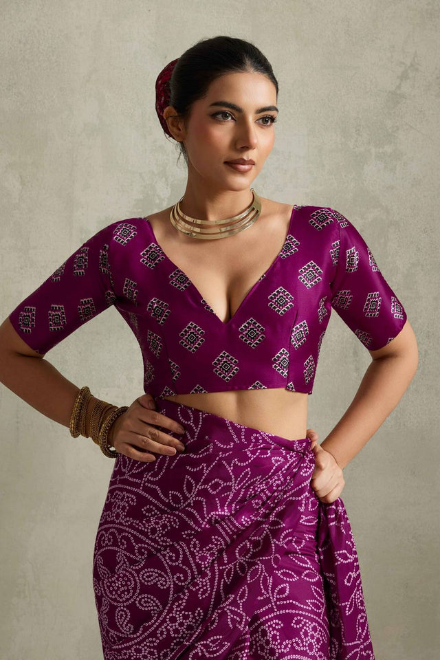 Violet Bandhani Printed Satin Saree