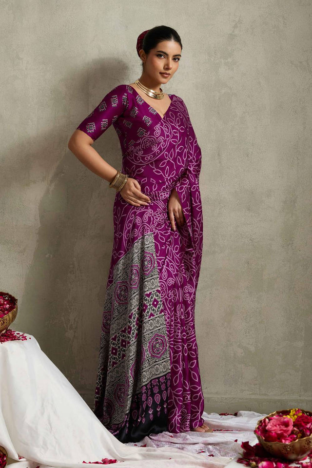 Violet Bandhani Printed Satin Saree