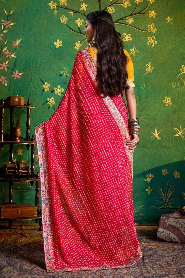 Pink Printed with Embroidered Georgette Saree