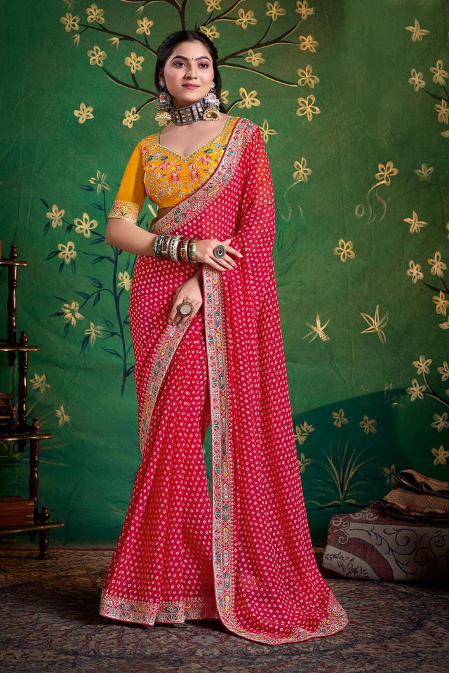 Pink Printed with Embroidered Georgette Saree