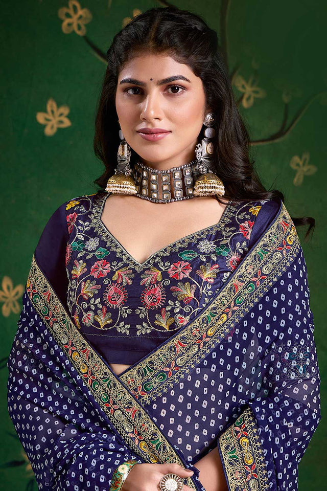 Navy Blue Printed with Embroidered Georgette Saree