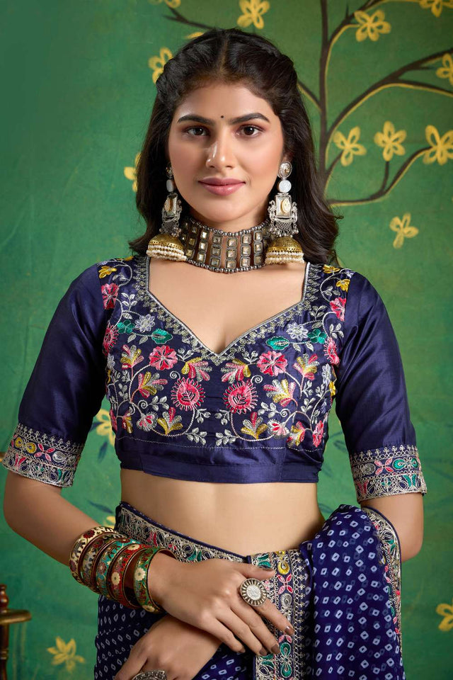 Navy Blue Printed with Embroidered Georgette Saree