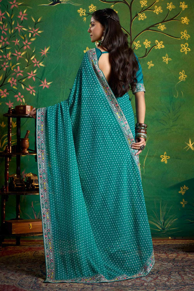Sea Green Printed with Embroidered Georgette Saree