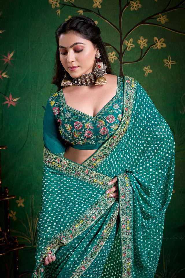 Sea Green Printed with Embroidered Georgette Saree