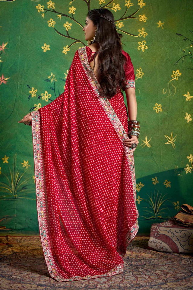 Maroon Printed with Embroidered Georgette Saree