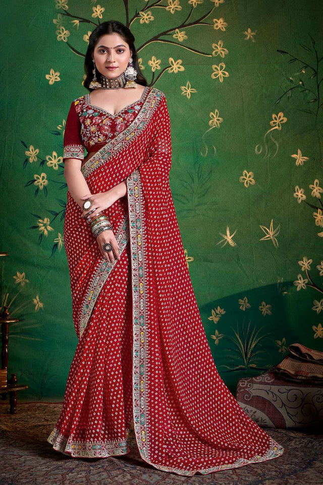 Maroon Printed with Embroidered Georgette Saree