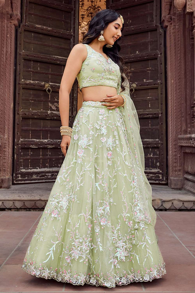 Green Sequin with Embroidered Net Lehenga