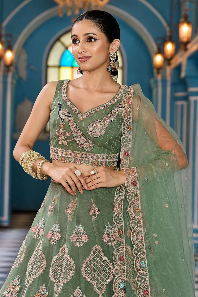 Green Sequin with Embroidered Net Lehenga (ACA2665)