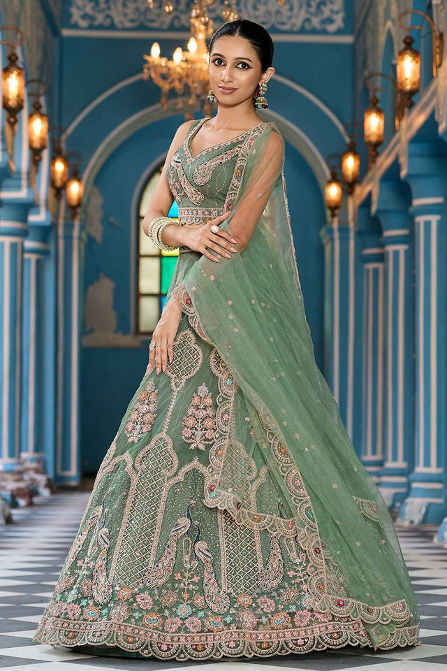 Green Sequin with Embroidered Net Lehenga (ACA2665)