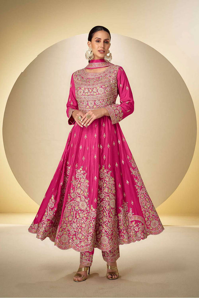 Pink Sequin with Embroidered Chinon Anarkali Suits