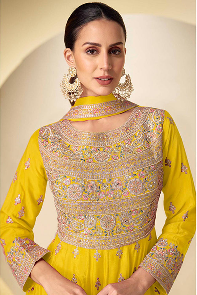 Yellow Sequin with Embroidered Chinon Anarkali Suits