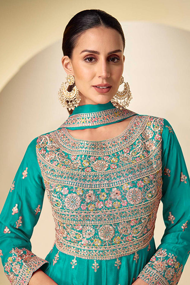 Sea Green Sequin with Embroidered Chinon Anarkali Suits