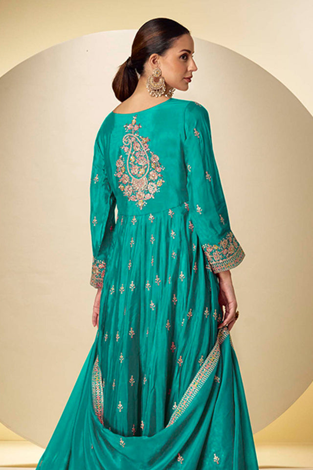Sea Green Sequin with Embroidered Chinon Anarkali Suits