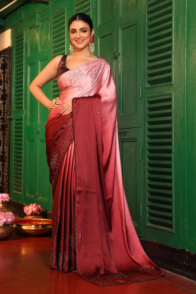 Maroon Stone Embossed Satin Saree