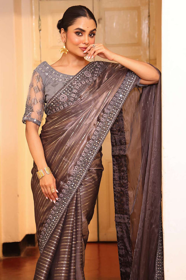 Grey Embellished Tissue Saree